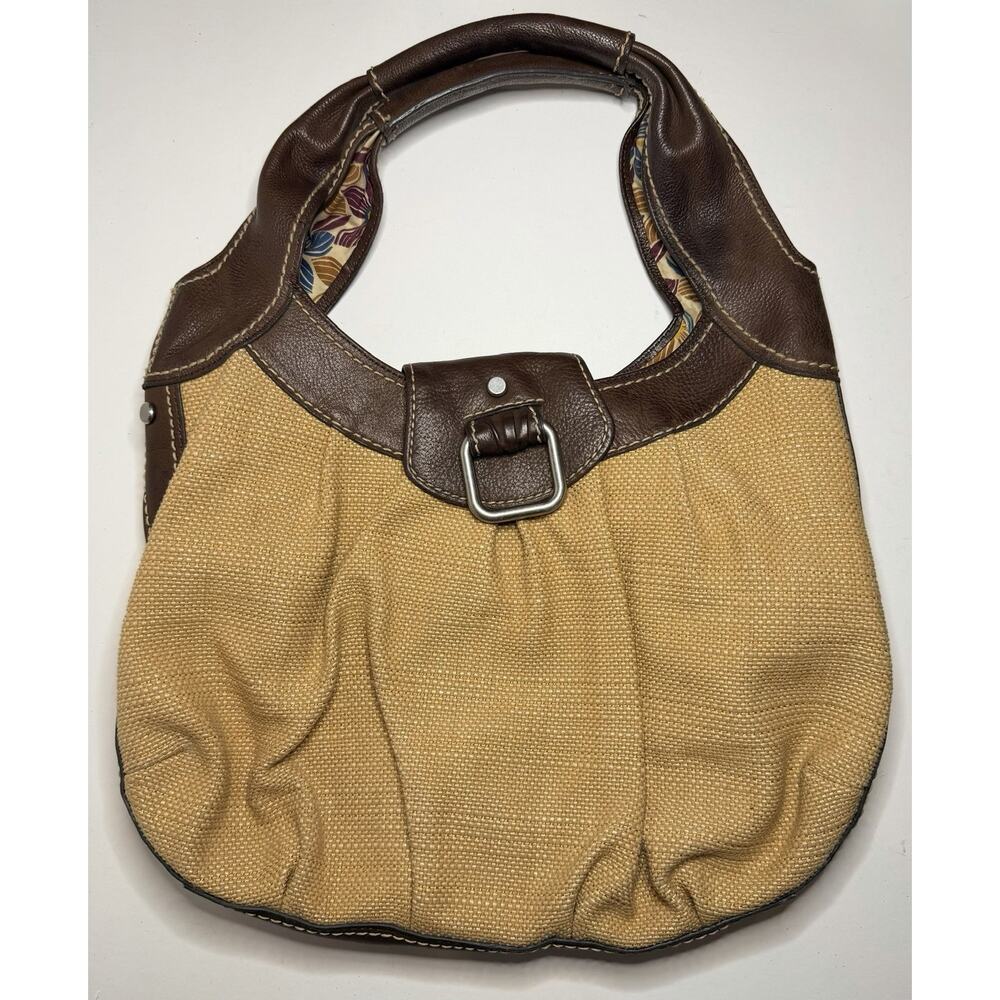 Fossil Woven Tweed Leather Hobo Bag Tan & Brown Floral Pattern Lined Purse